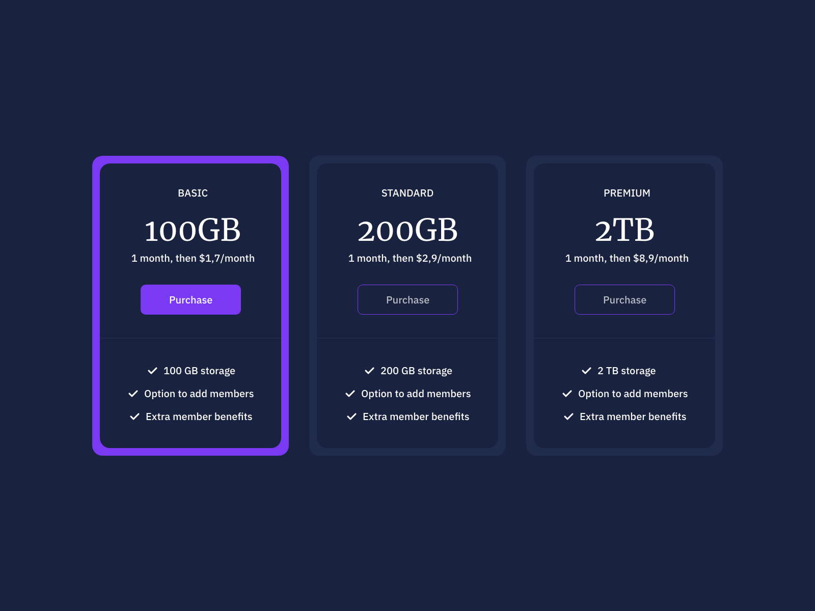 pricing cards dark theme mode